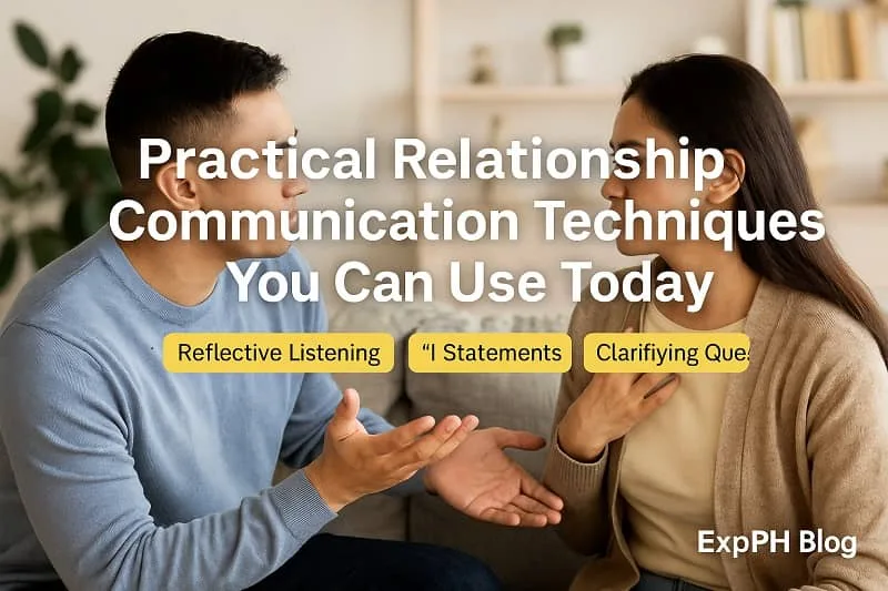 A Filipino couple practicing practical communication techniques at home, showing reflective listening and open conversation to strengthen their relationship.