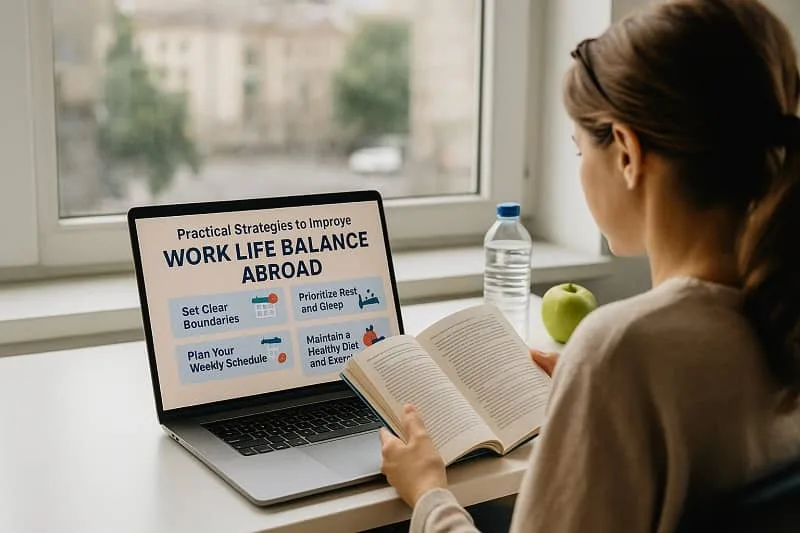 Woman reading while viewing practical work life balance strategies on a laptop abroad