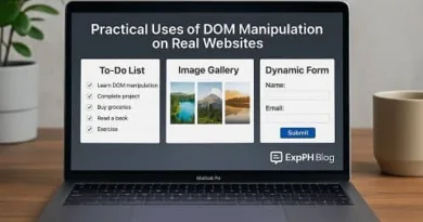 Realistic laptop showing examples of DOM manipulation features with ExpPH Blog branding
