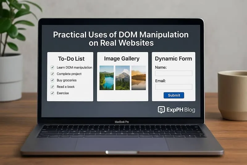 Realistic laptop showing examples of DOM manipulation features with ExpPH Blog branding