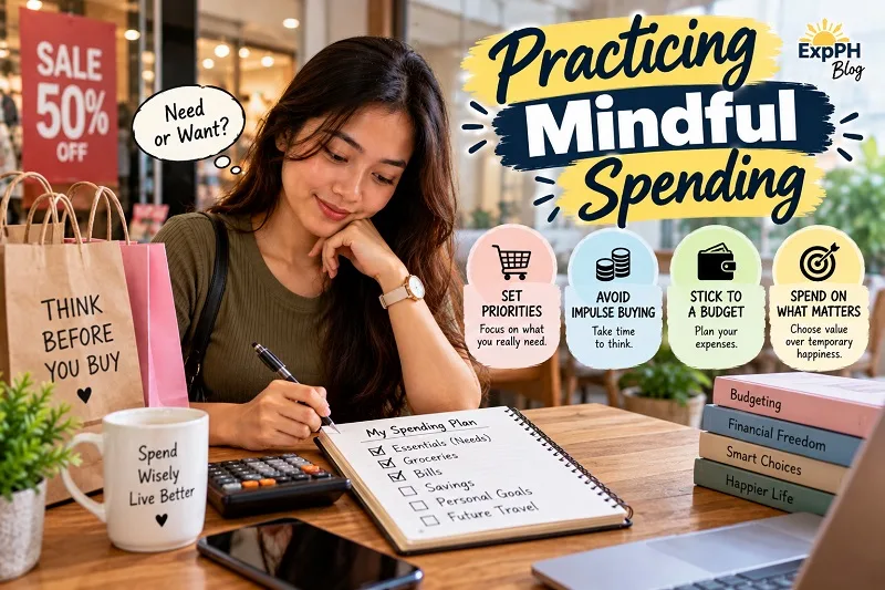 Filipina woman reviewing her spending plan at a desk with a notebook, calculator, shopping bags, and laptop, alongside reminders to set priorities, avoid impulse buying, follow a budget, and spend on what matters.