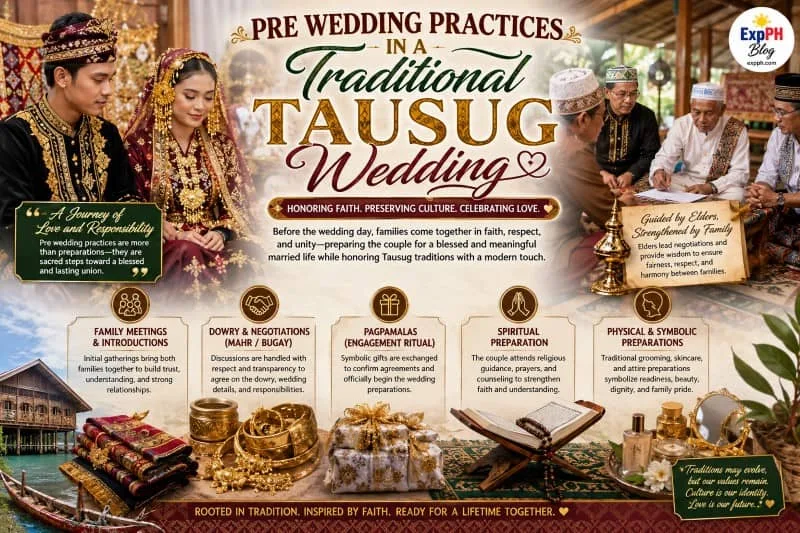 Traditional Tausug pre wedding practices featuring a Filipino Muslim couple in cultural attire, family negotiations, engagement rituals, Islamic preparations, and symbolic wedding customs with ExpPH Blog logo.