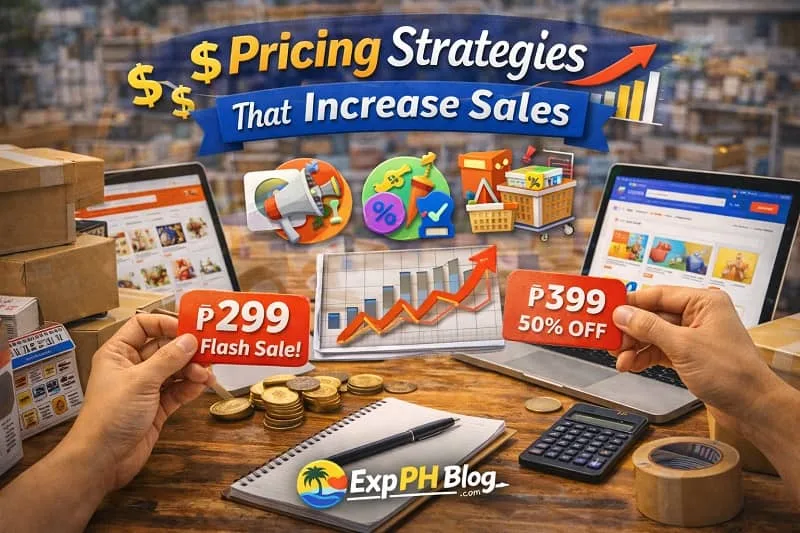 Filipino online seller adjusting product prices on laptop with Shopee and Lazada dashboard, calculator, tags, and packaging boxes with ExpPH Blog logo