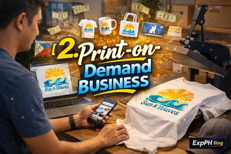 Filipino entrepreneur designing custom t-shirts and products for a print-on-demand business using a laptop and printing equipment, with ExpPH Blog logo