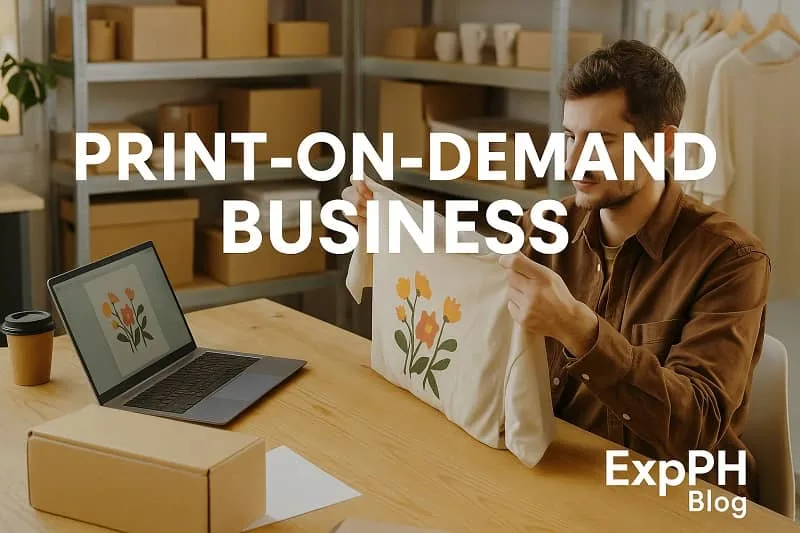 Entrepreneur reviewing a custom printed shirt at a desk representing a print on demand business