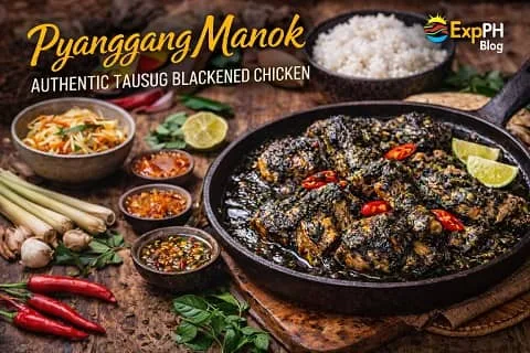 Authentic Tausug blackened chicken Pyanggang Manok served in a rustic Filipino setting with rice and side dishes, featuring ExpPH Blog logo
