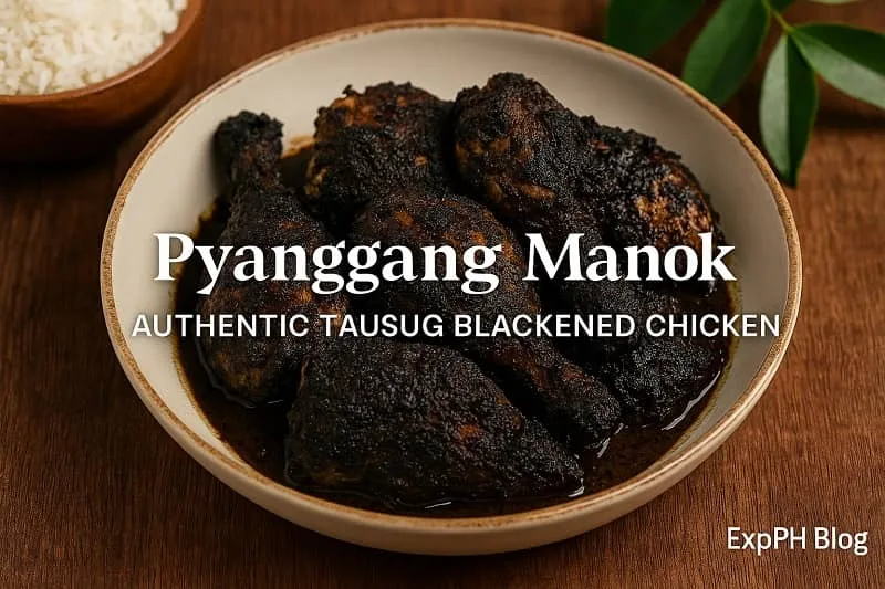 A realistic serving of Pyanggang Manok in a bowl with dark burnt coconut sauce and the ExpPH Blog logo.