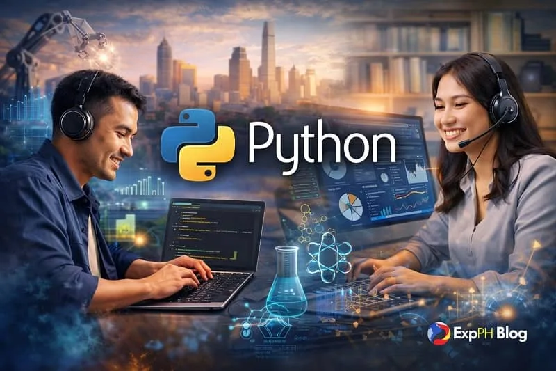 Filipino learners and professionals using Python programming on laptops in a modern workspace, showing coding, data analysis, and remote work skills with the ExpPH Blog logo.