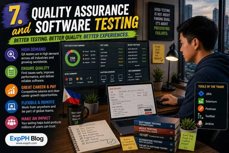Quality Assurance and Software Testing Filipino QA tester analyzing test cases and bug reports on laptop and monitors in a modern workspace with ExpPH Blog logo