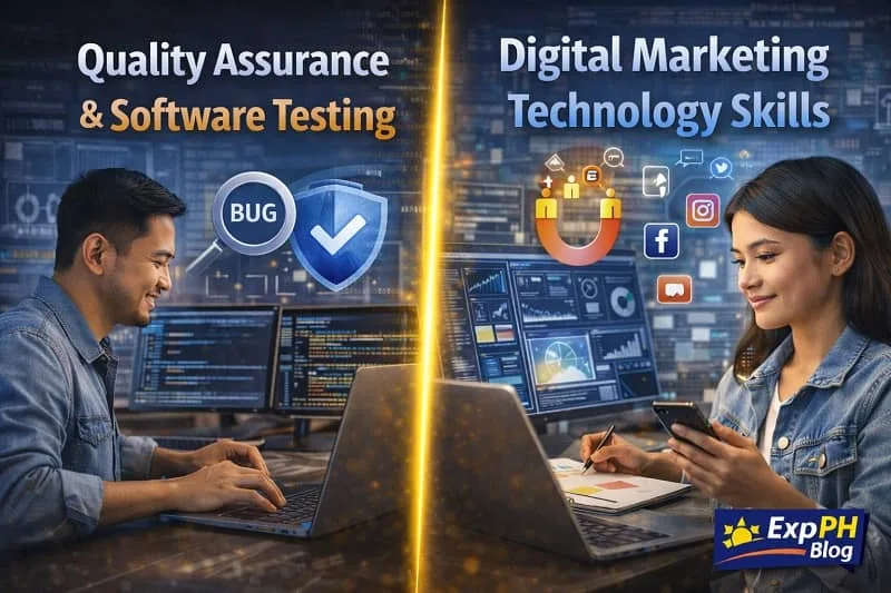 Filipino professionals working in quality assurance software testing and digital marketing technology with dashboards tools and ExpPH Blog logo