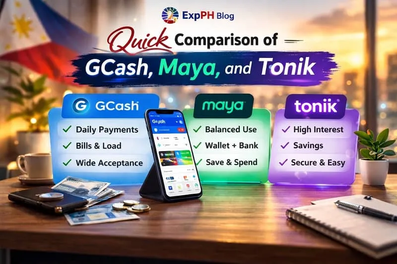 Quick comparison of GCash, Maya, and Tonik digital banking apps showing features for payments, savings, and high interest options for Filipino users.