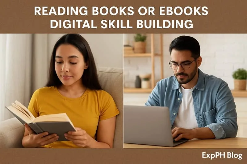 A realistic split image showing a woman reading a book and a man learning digital skills on a laptop, with the ExpPH Blog logo displayed.