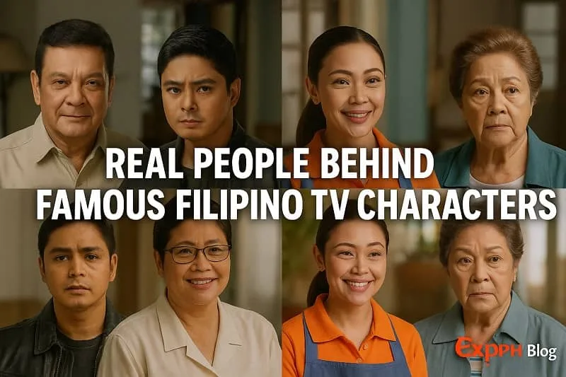Collage showing real Filipinos beside the TV characters they inspired with the ExpPH Blog logo.