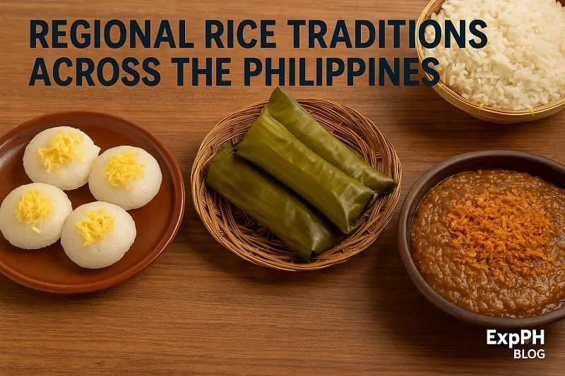 Traditional Filipino rice dishes from different regions, including kakanin, suman wrapped in banana leaves, and biko, displayed on a wooden table with ExpPH Blog logo.