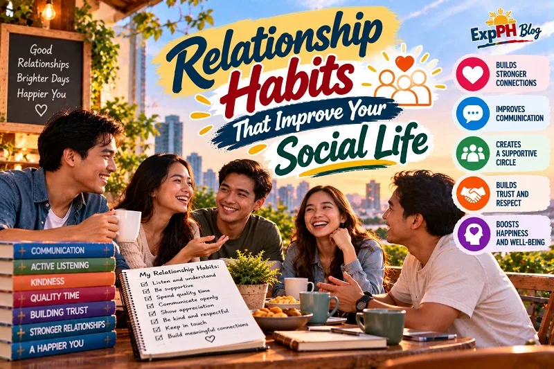 Realistic group of young Filipino friends enjoying a conversation at a rooftop café, representing active listening, open communication, supportive friendships, trust, and stronger social connections, with the ExpPH Blog logo.