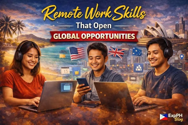 Filipino OFWs working remotely on laptops and mobile devices, representing remote work skills that open global job opportunities and flexible careers