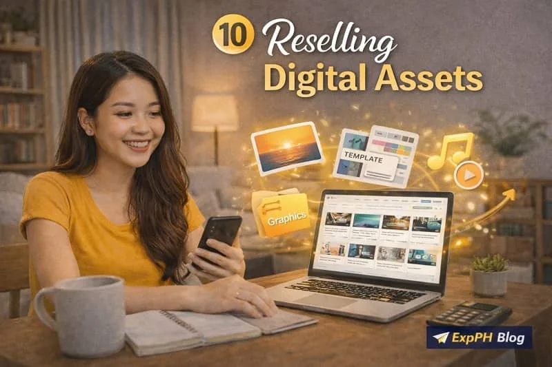 Filipino freelancer working on a laptop reselling digital assets like stock photos, videos, and templates with glowing icons, with ExpPH Blog logo