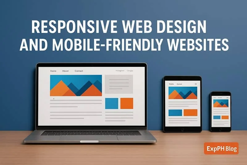 A laptop, tablet, and smartphone displaying the same website layout to demonstrate responsive web design, with the ExpPH Blog logo included.