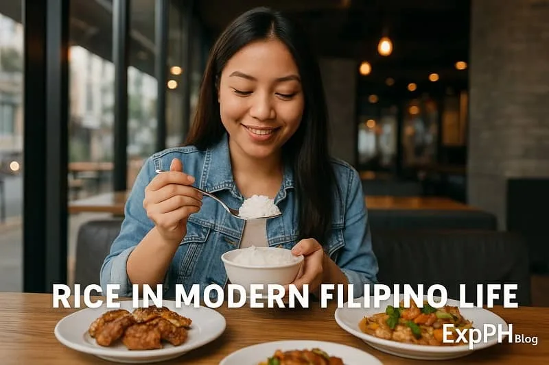 A young Filipino woman enjoying a bowl of rice with modern Filipino dishes in an urban restaurant, showing rice as part of contemporary Filipino daily life.