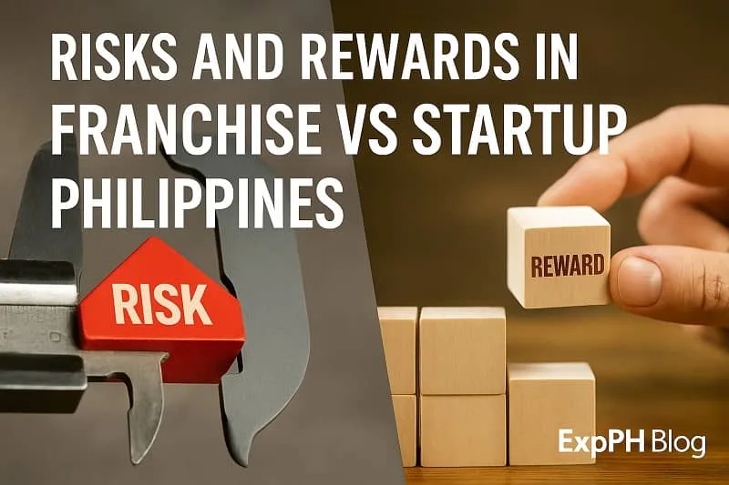 A realistic image comparing business risks and rewards, showing a red risk block measured by calipers and a hand holding a reward block, symbolizing Franchise vs Startup Philippines with the ExpPH Blog logo.