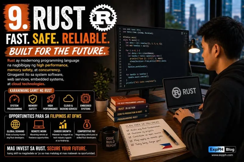 A Filipino developer coding in Rust on a laptop with system programming visuals, featuring bold mixed-font typography and ExpPH Blog logo.