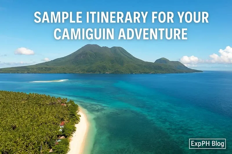 A realistic aerial view of Camiguin showing Mount Hibok Hibok, turquoise waters, a white sand beach, lush palm trees, and the ExpPH Blog logo.