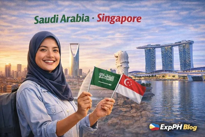 Filipina OFW wearing a hijab holding flags of Saudi Arabia and Singapore, with Riyadh skyline and Singapore landmarks in the background, featuring the ExpPH Blog logo.