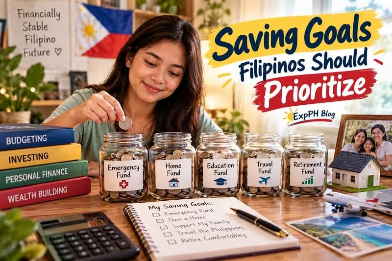A young Filipina saving money in jars labeled Emergency Fund, Home Fund, Education Fund, Travel Fund, and Retirement Fund, with a savings checklist, financial books, and the ExpPH Blog logo.
