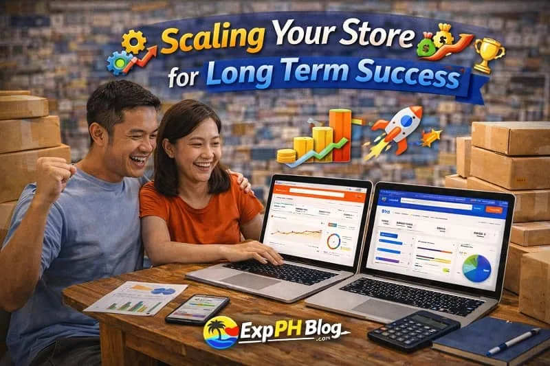Filipino couple analyzing sales growth on laptop with Shopee and Lazada dashboards, surrounded by boxes and business tools with ExpPH Blog logo