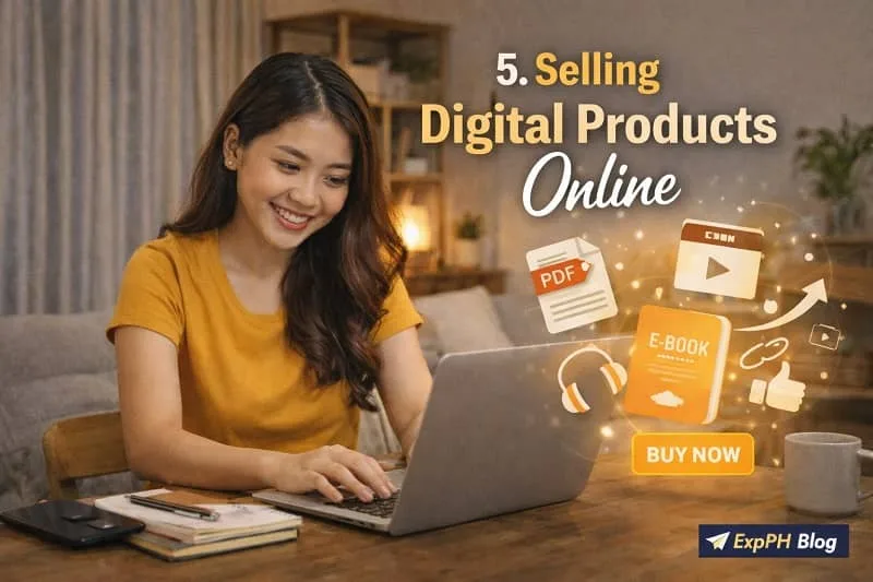 Filipino woman selling digital products online using laptop with ebook, PDF, and course icons and ExpPH Blog logo