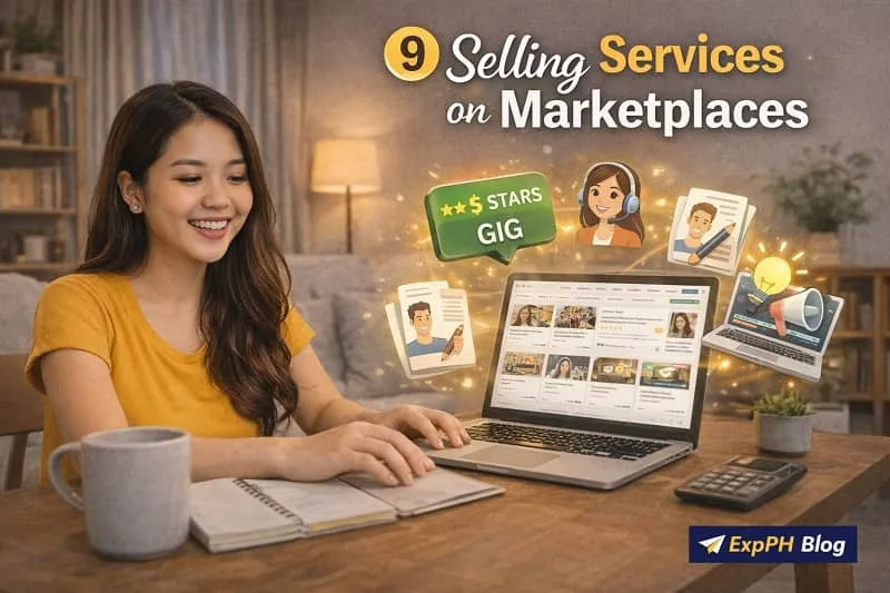 Filipino freelancer working on a laptop at home offering online services on marketplaces with digital icons for design, writing, and virtual assistance, with ExpPH Blog logo