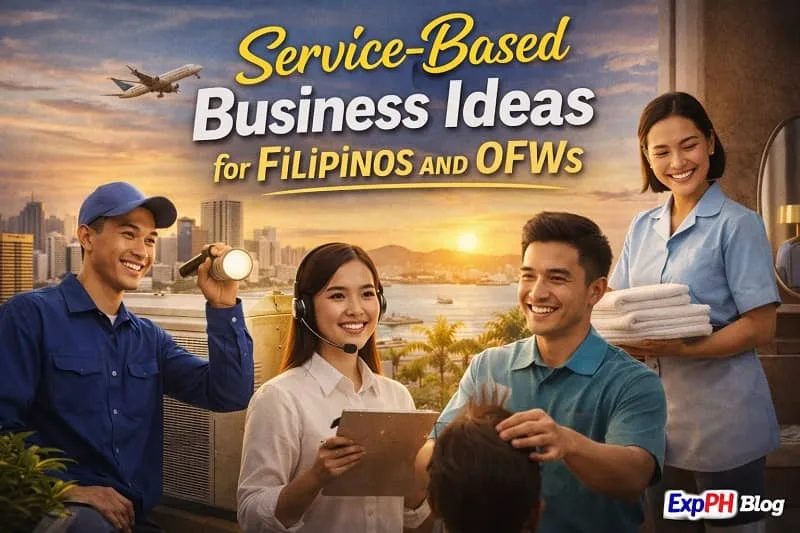 Filipino entrepreneurs running service-based businesses including cleaning, repair, construction, and home services with ExpPH Blog logo