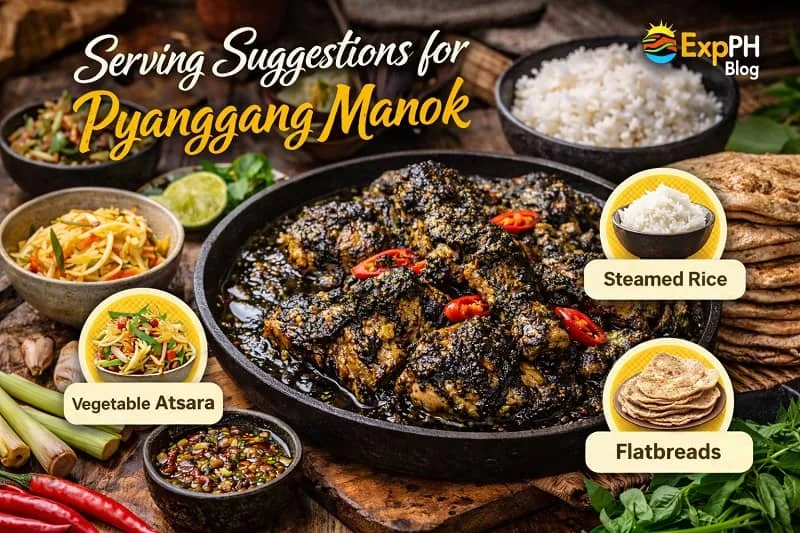 Authentic Pyanggang Manok served with steamed rice, vegetable atsara, and flatbreads in a Filipino style presentation featuring ExpPH Blog logo