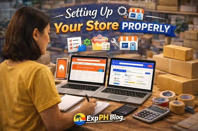 Filipino online seller setting up Shopee and Lazada store on laptop with boxes, calculator, and workspace tools with ExpPH Blog logo