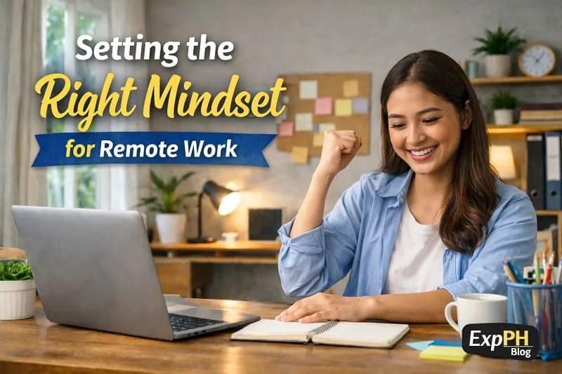 Filipino remote worker smiling confidently at a home desk with laptop, showing setting the right mindset for remote work with ExpPH Blog logo