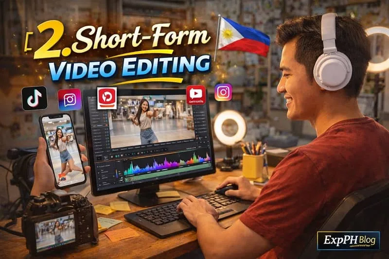 Filipino video editor creating short-form content on a computer with editing software, smartphone, and camera setup, featuring ExpPH Blog logo