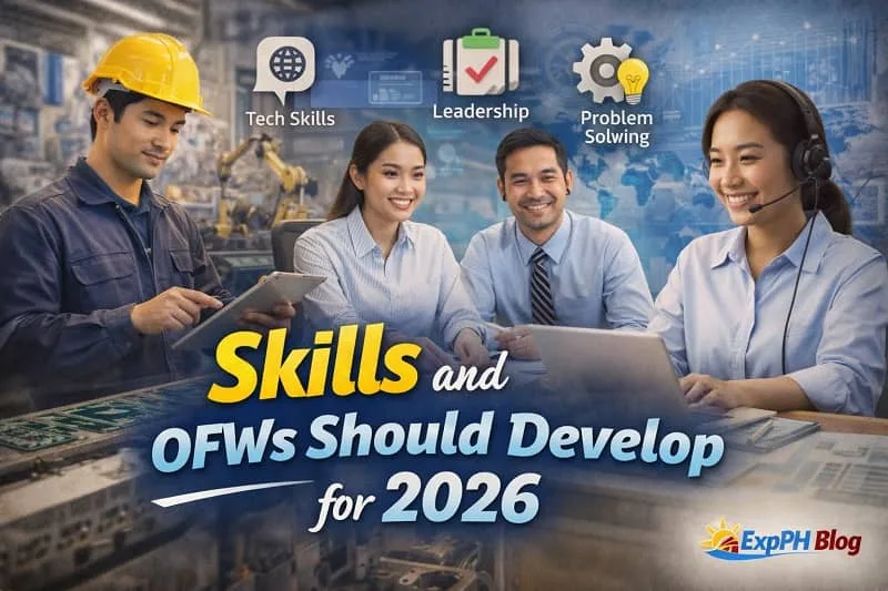 Filipino workers improving professional skills using laptops, communication tools, and technical training to prepare for overseas jobs in 2026, with ExpPH Blog logo.