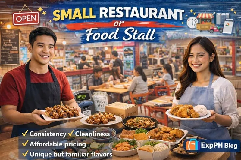 Filipino food stall owners serving grilled barbecue and fried chicken dishes in a busy local eatery with ExpPH Blog logo.