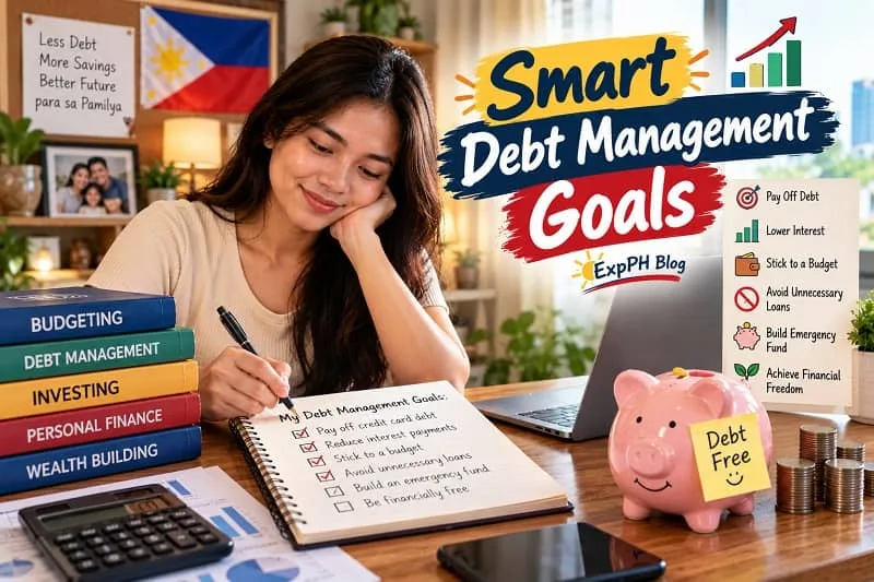 A young Filipina planning her debt repayment at a desk with a budgeting notebook, calculator, finance books, laptop, stacked coins, and a pink piggy bank labeled Debt Free, alongside the Smart Debt Management Goals headline and ExpPH Blog logo.