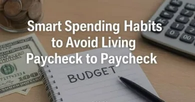 Notebook labeled “Budget” with cash, calculator, and coins representing smart spending habits to avoid living paycheck to paycheck