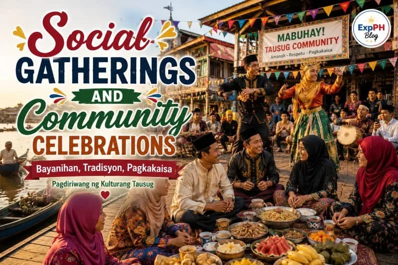 A realistic Filipino-inspired Tausug community celebration featuring traditional clothing, cultural performances, shared meals, and the ExpPH Blog logo with mixed-font typography.