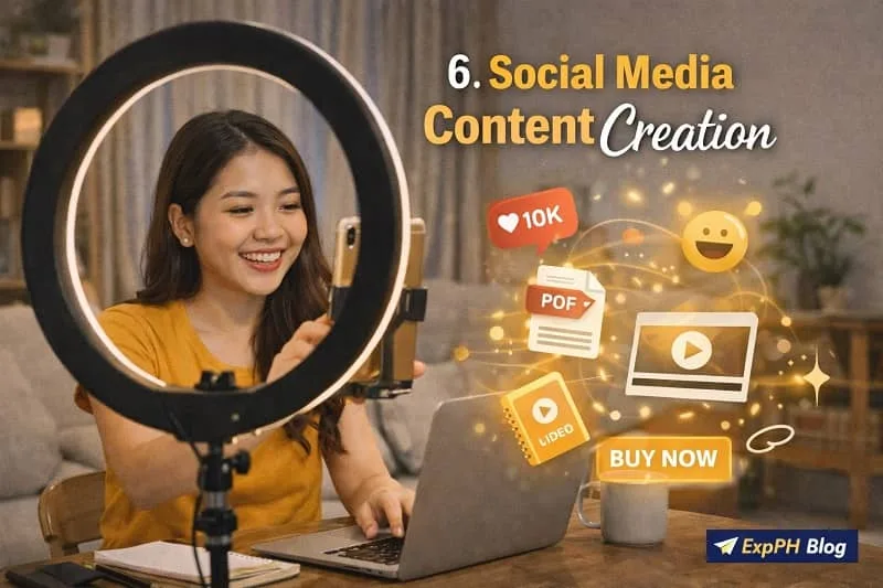 Filipino content creator filming with smartphone and ring light for social media with engagement icons and ExpPH Blog logo
