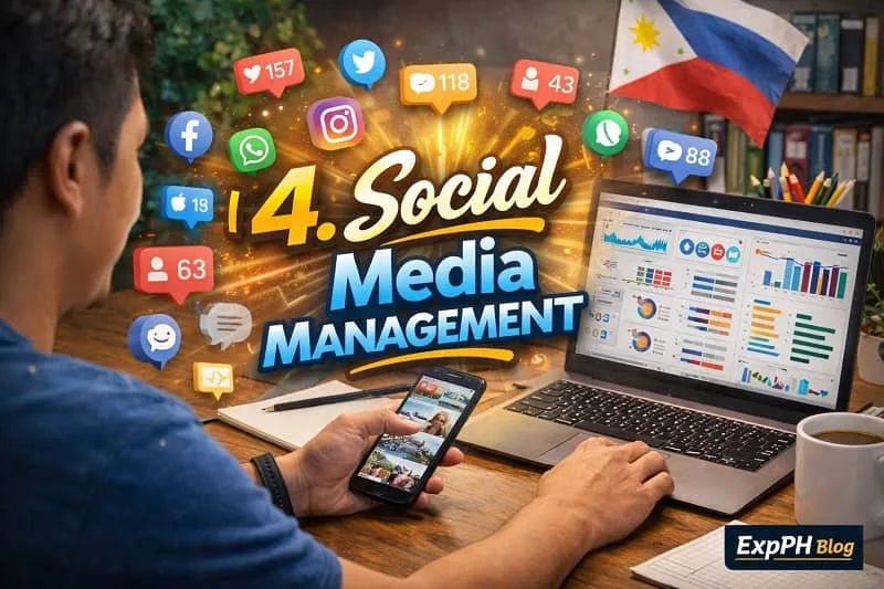 Filipino social media manager using laptop and smartphone to manage social media accounts, with analytics dashboard and notifications, featuring ExpPH Blog logo