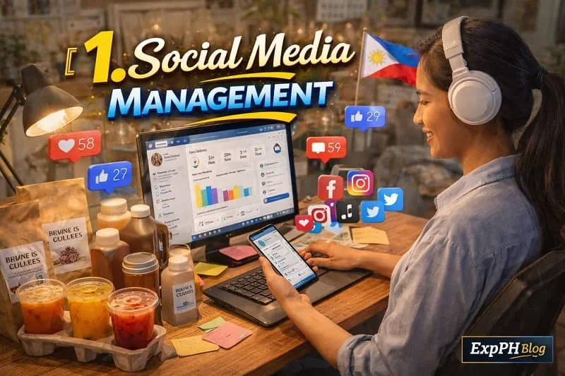 Filipino social media manager working from home using a laptop and smartphone with social media analytics and notifications, featuring ExpPH Blog logo