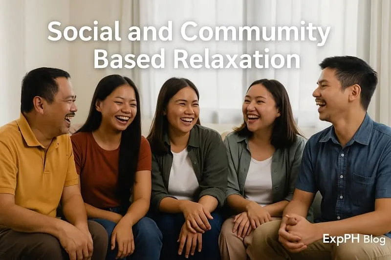 Filipino friends spending quality time together indoors, sharing laughter and conversation, representing social and community based relaxation and emotional support.