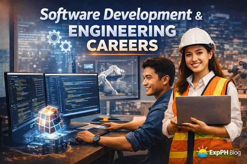 Filipino software developers and engineers working on coding and engineering projects with ExpPH Blog logo