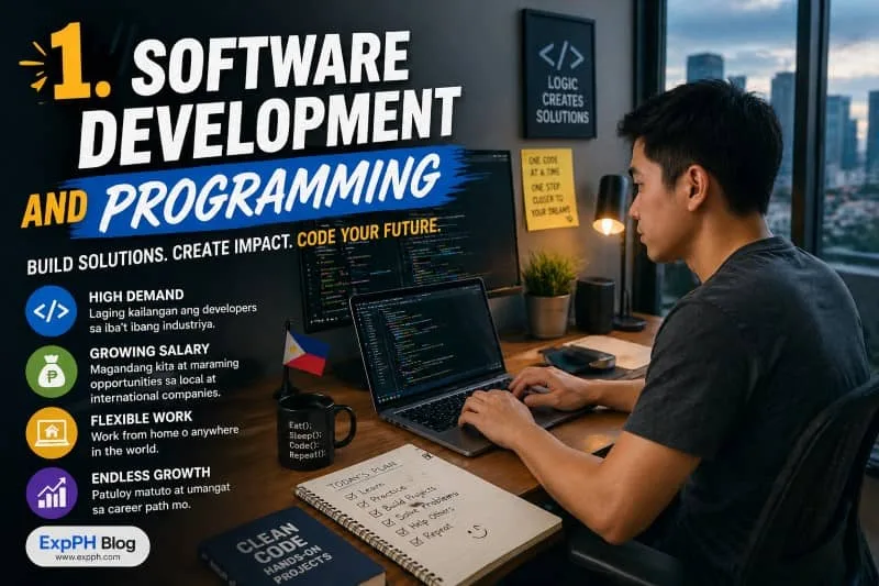 Software Development and Programming Filipino developer coding on laptop with multiple screens in a modern workspace with ExpPH Blog logo