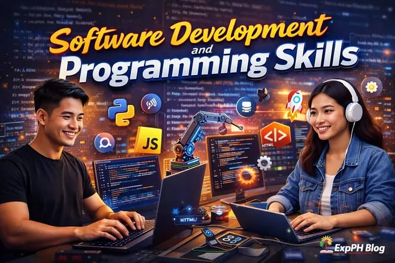 Filipino software developers working on laptops with programming code, development tools, and technology icons representing modern software development skills.