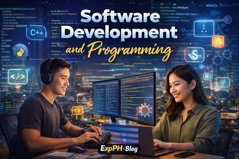 tech skills Filipinos should learn 2026 Filipino software developers working on programming projects using computers with code screens and ExpPH Blog logo