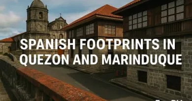 Realistic view of Spanish colonial heritage in Quezon and Marinduque featuring a stone church, bahay na bato houses, and an old bridge with the ExpPH Blog logo.